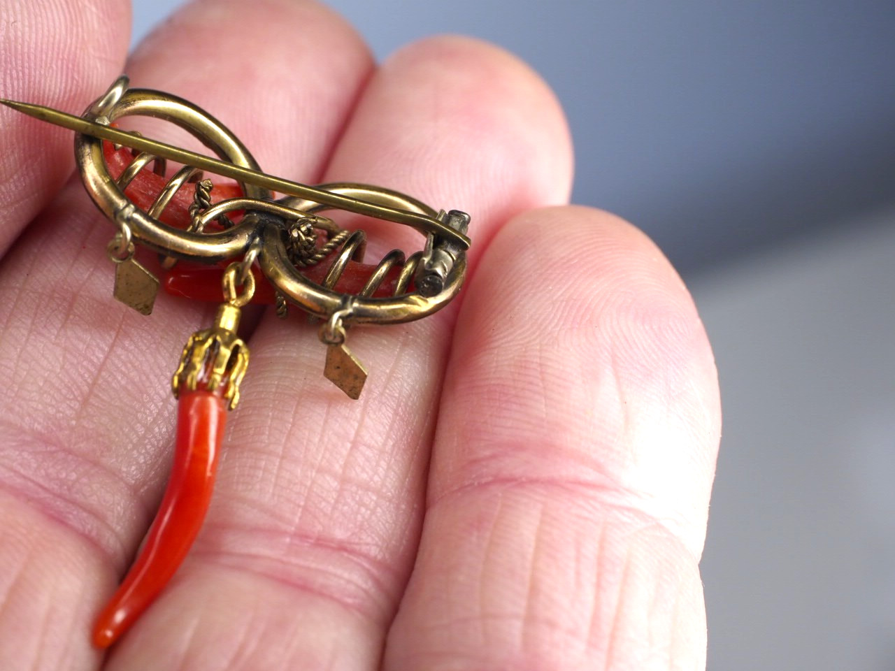 Antique double love knot brooch coral branch pin with dangles C-clasp jewelry