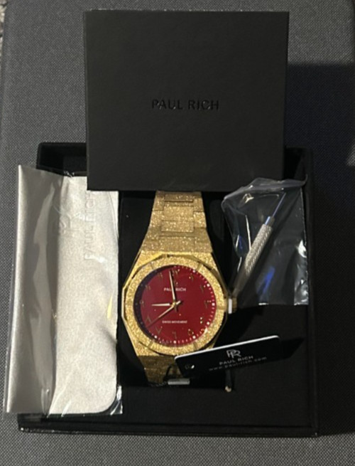 Paul Rich 43mm Frosted Gold, Red Arabic Dial, Brand New w/ B&P