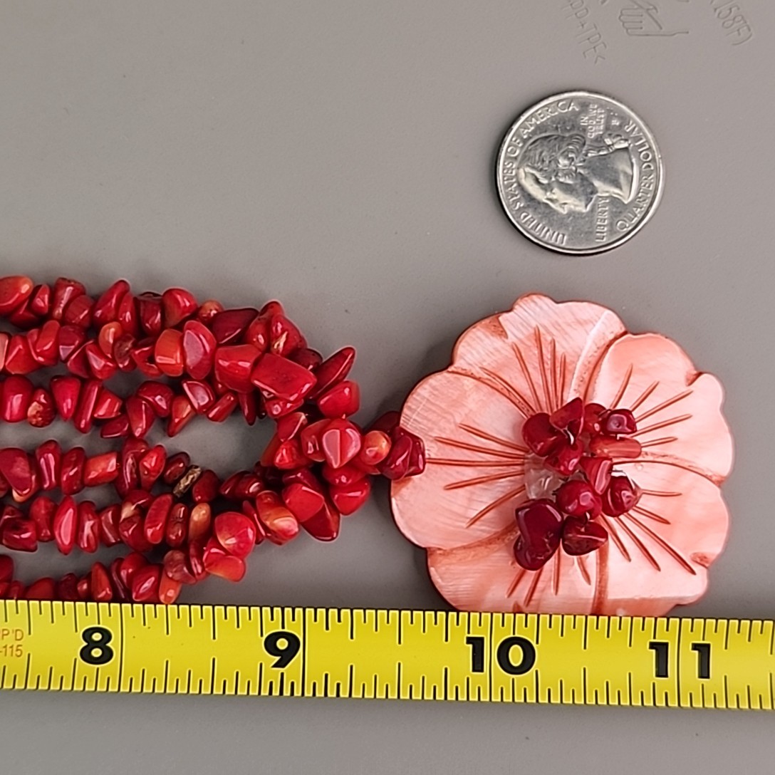 Coral Beaded Necklace Three Layered Dyed Mother of Pearl Flower Pendant Red 18″