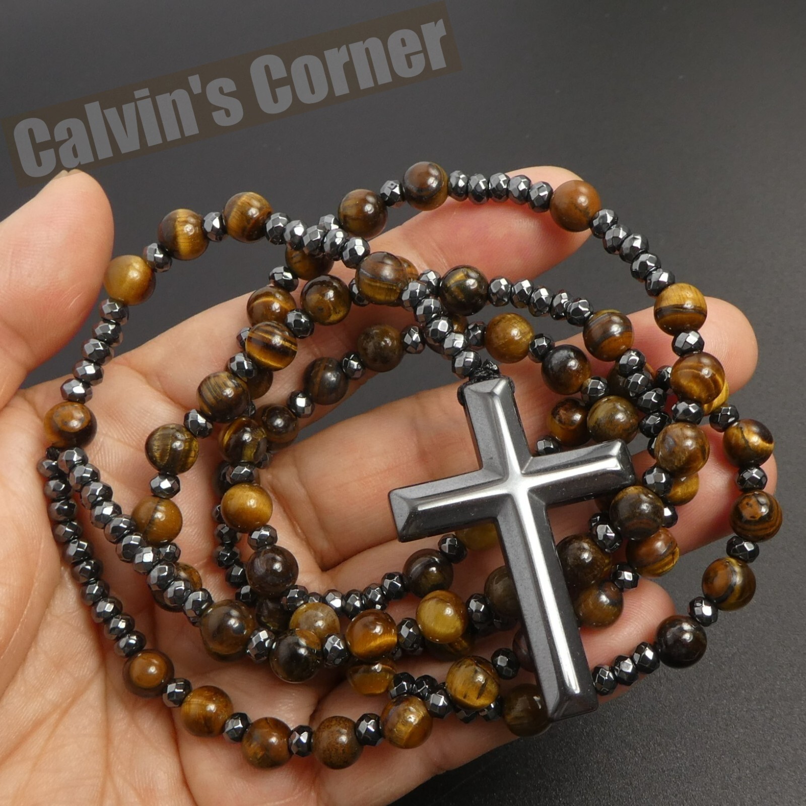 Tiger Eye Black Hematite Rosary Necklace Catholic Christ Cross Men Women Gift