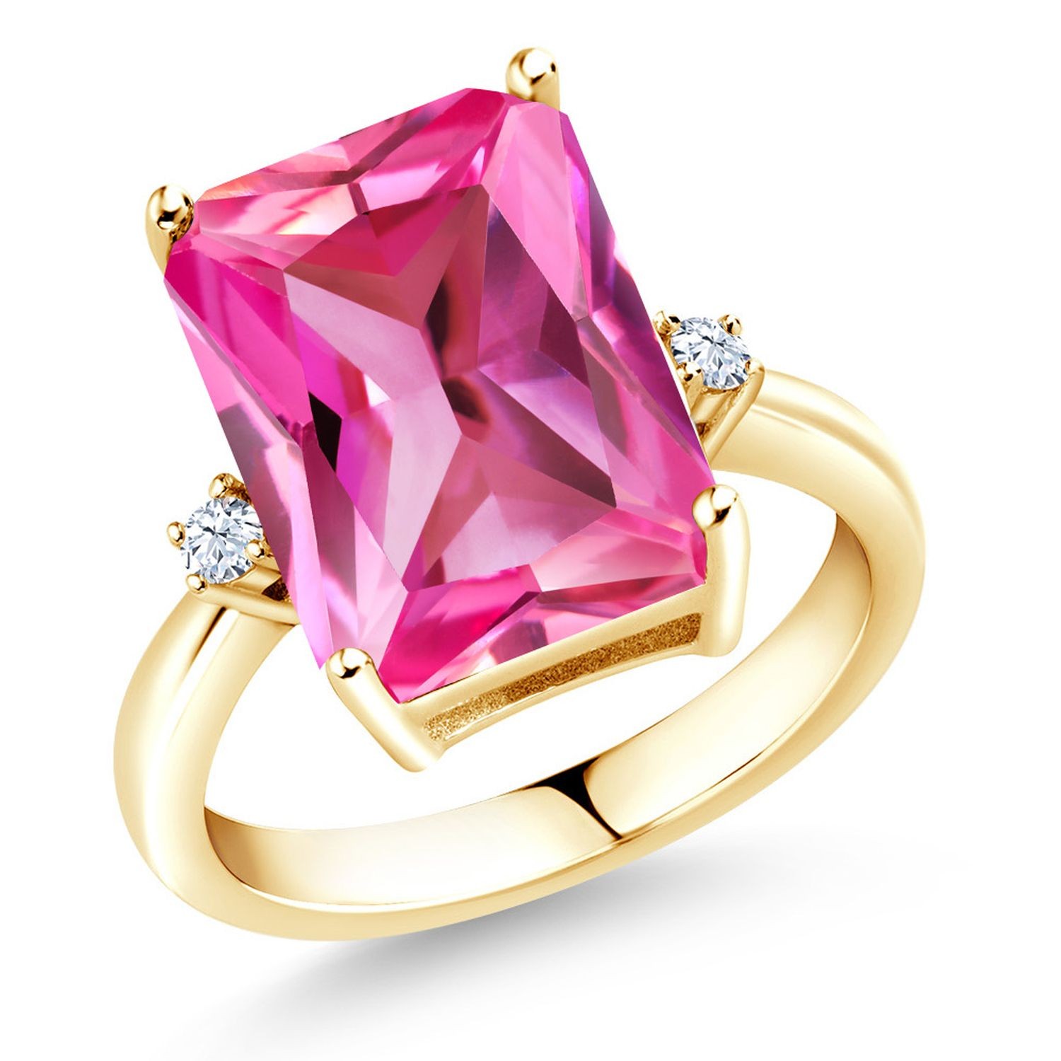 18K Yellow Gold Plated Silver Pink Created Sapphire Ring For Women (10.06 Cttw,