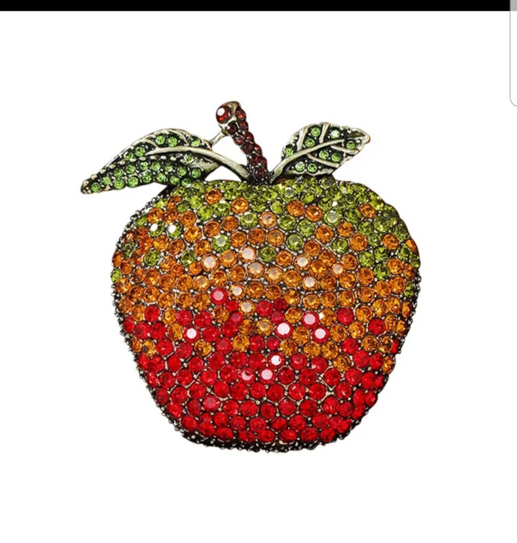 RED RHINESTONE APPLE LEAF PIN BROOCH~VTG HALLOWEEN THANKSGIVING FALL CORNUCOPIA