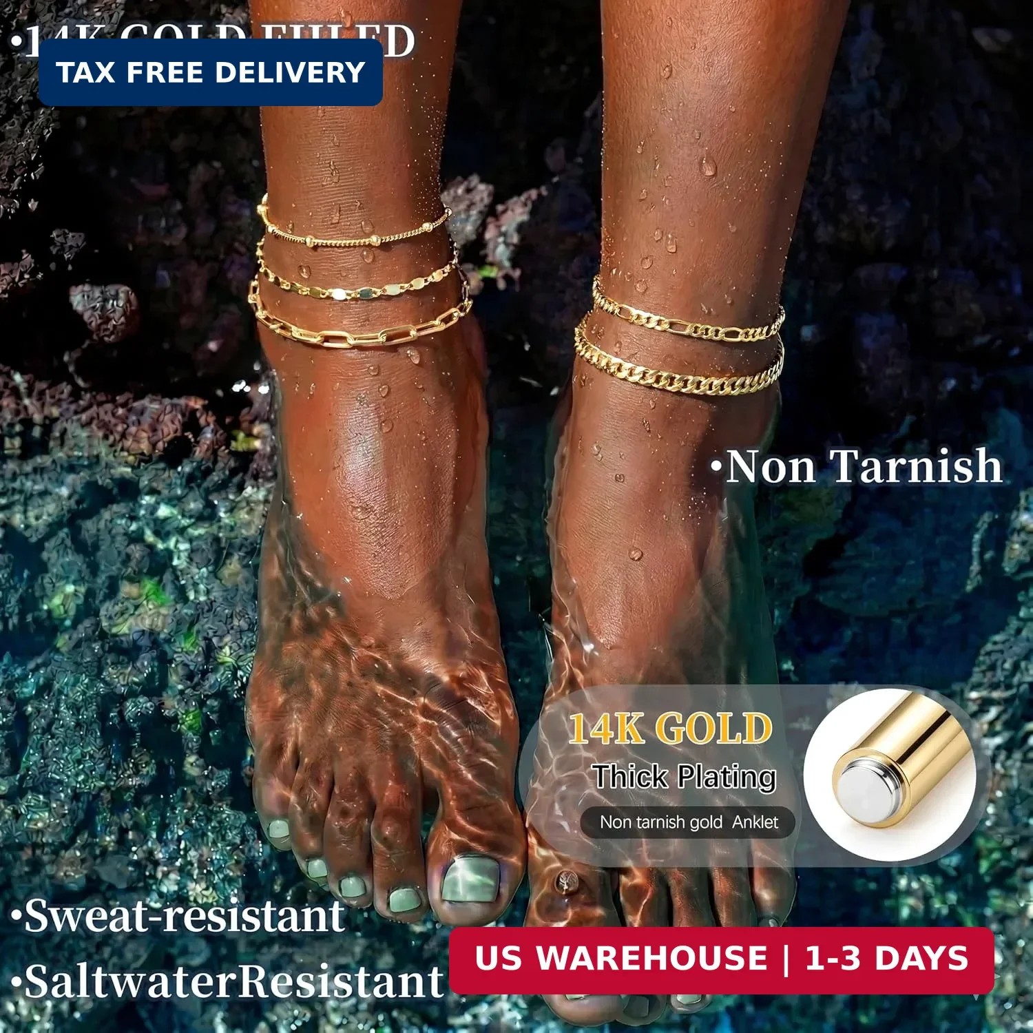Ankle Bracelets for Women Waterproof, 14k Gold Plated Jewelry Set Layered Cuban