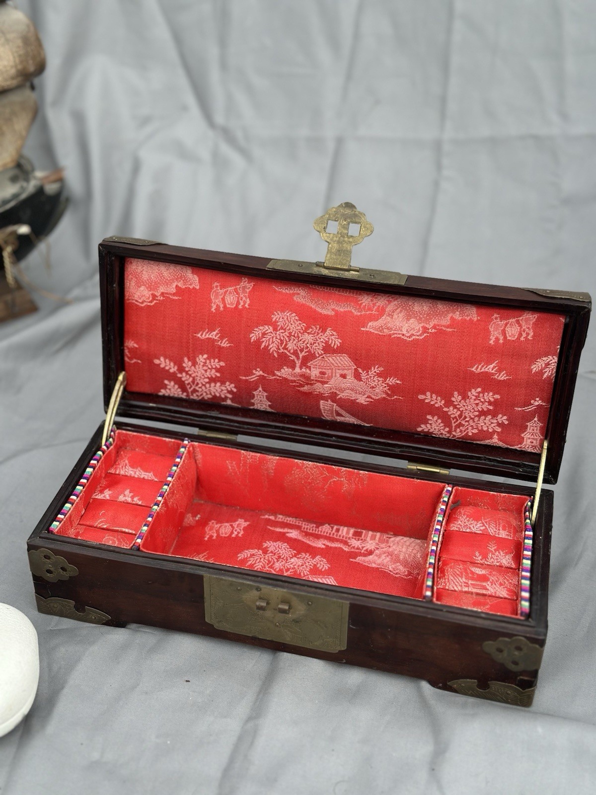 Wood Jewelry Box w/ Metal Hardware, Red Fabric Lined Interior, Asian Theme