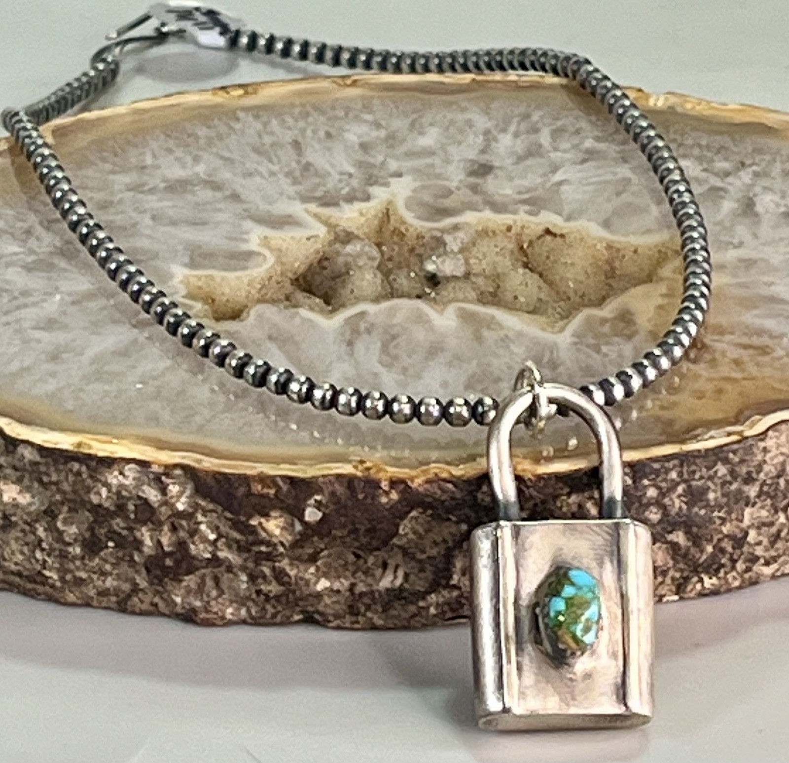 Sterling Silver Turquoise Padlock Pendant 925 Desert Pearl SW 16” Necklace 11.7g