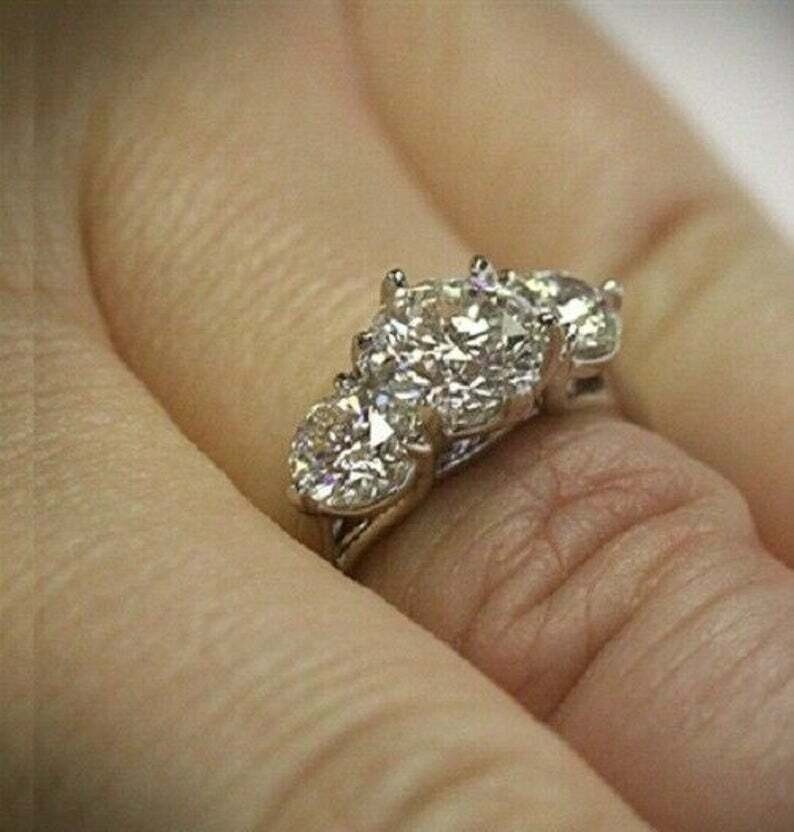 3Ct Lab Created Diamond 3-Stone Engagement Ring 14K White Gold Silver Plated