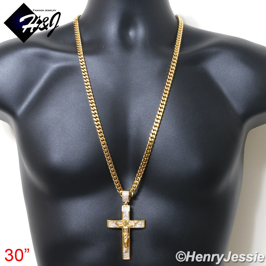 18-40″MEN Stainless Steel 7mm Gold Plated Miami Cuban Chain CZ Cross Pendant*142