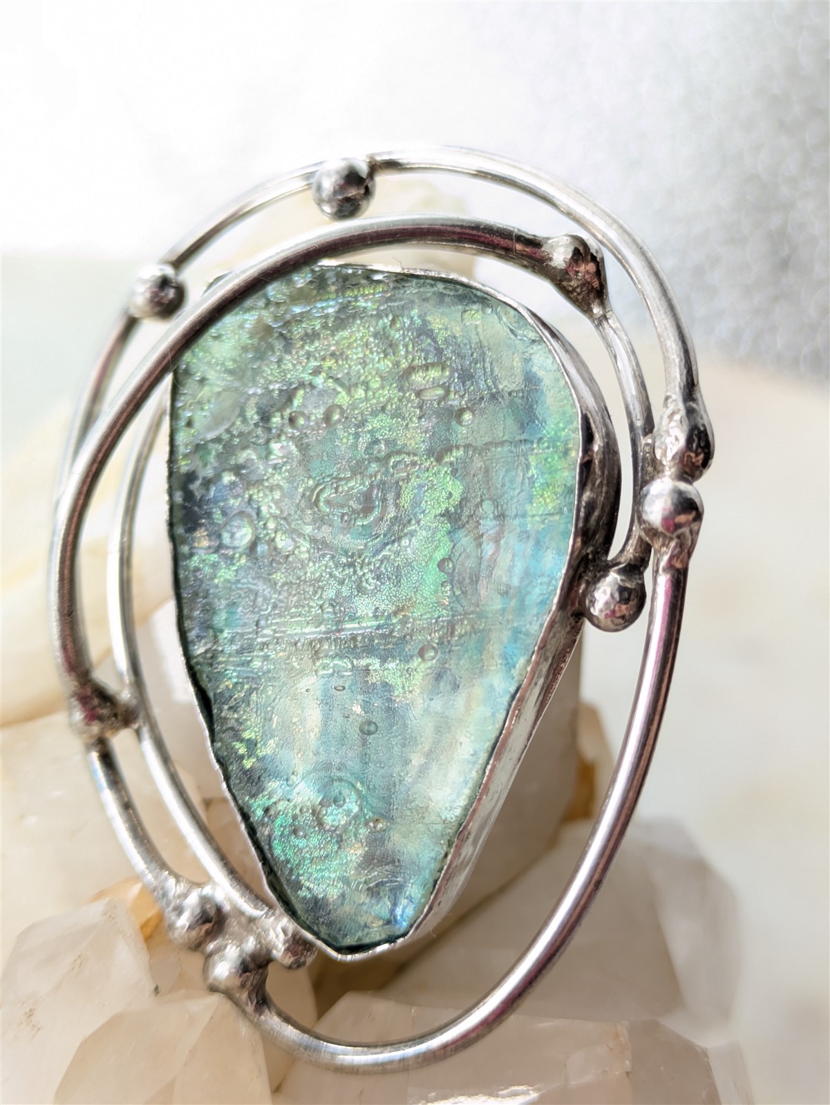 Vintage Solid Sterling Silver Blue Green Art Glass Brooch Pendant 11.7 Grams