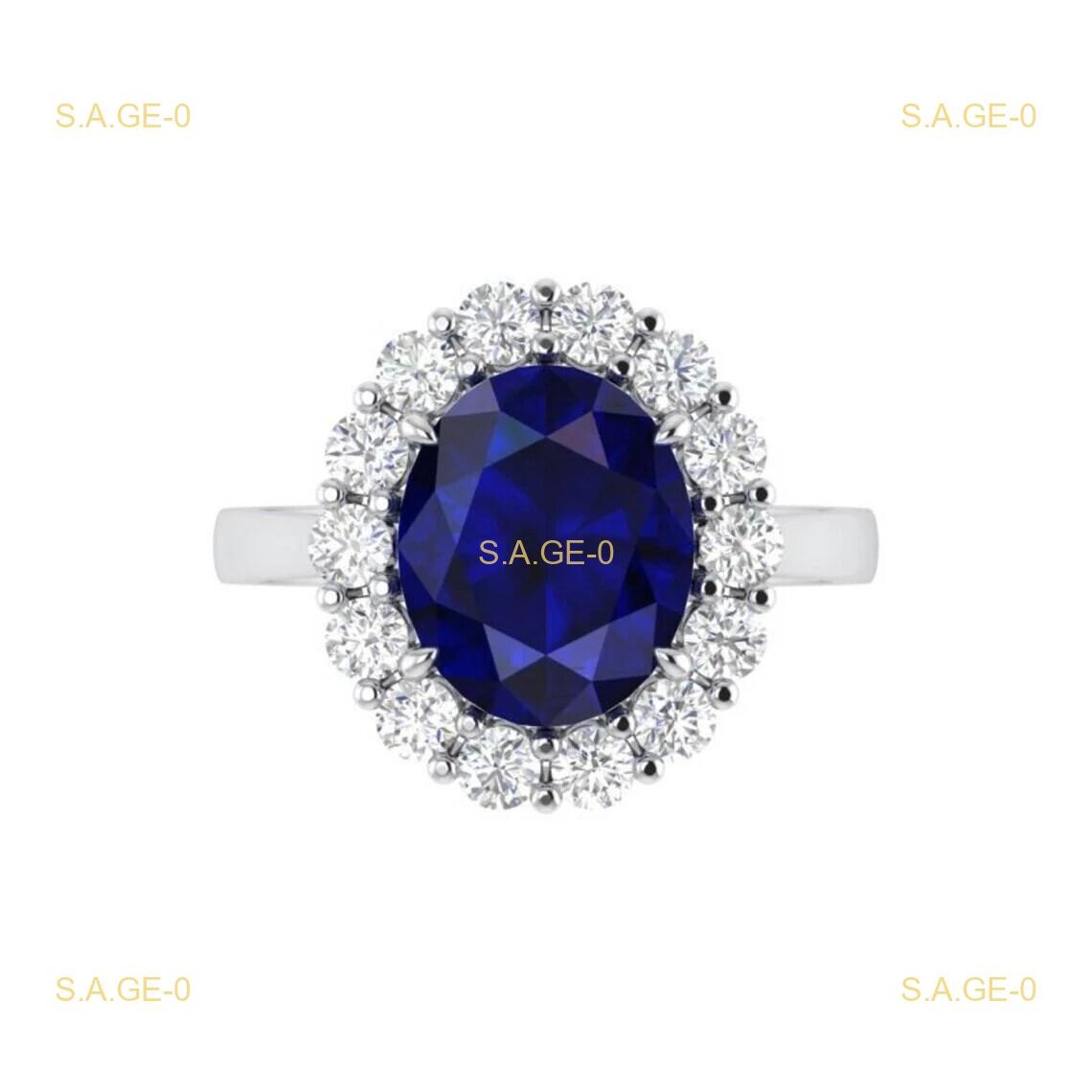3.95 Ct Oval Natural Blue Sapphire Halo Diamond Engagement Ring 14K White Gold