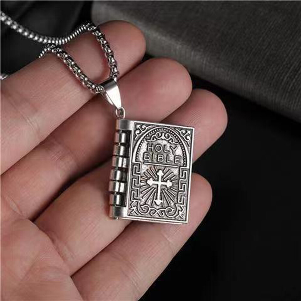 Bible Book Pendant Necklace Vintage Silver Cross Unique Jewelry For Men Women US