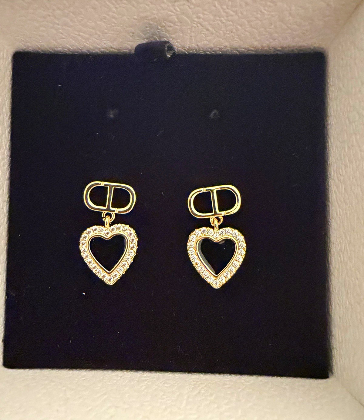 Gold Tone Heart Dangle Drop Earrings Clear Round Crystal Accents Post Back