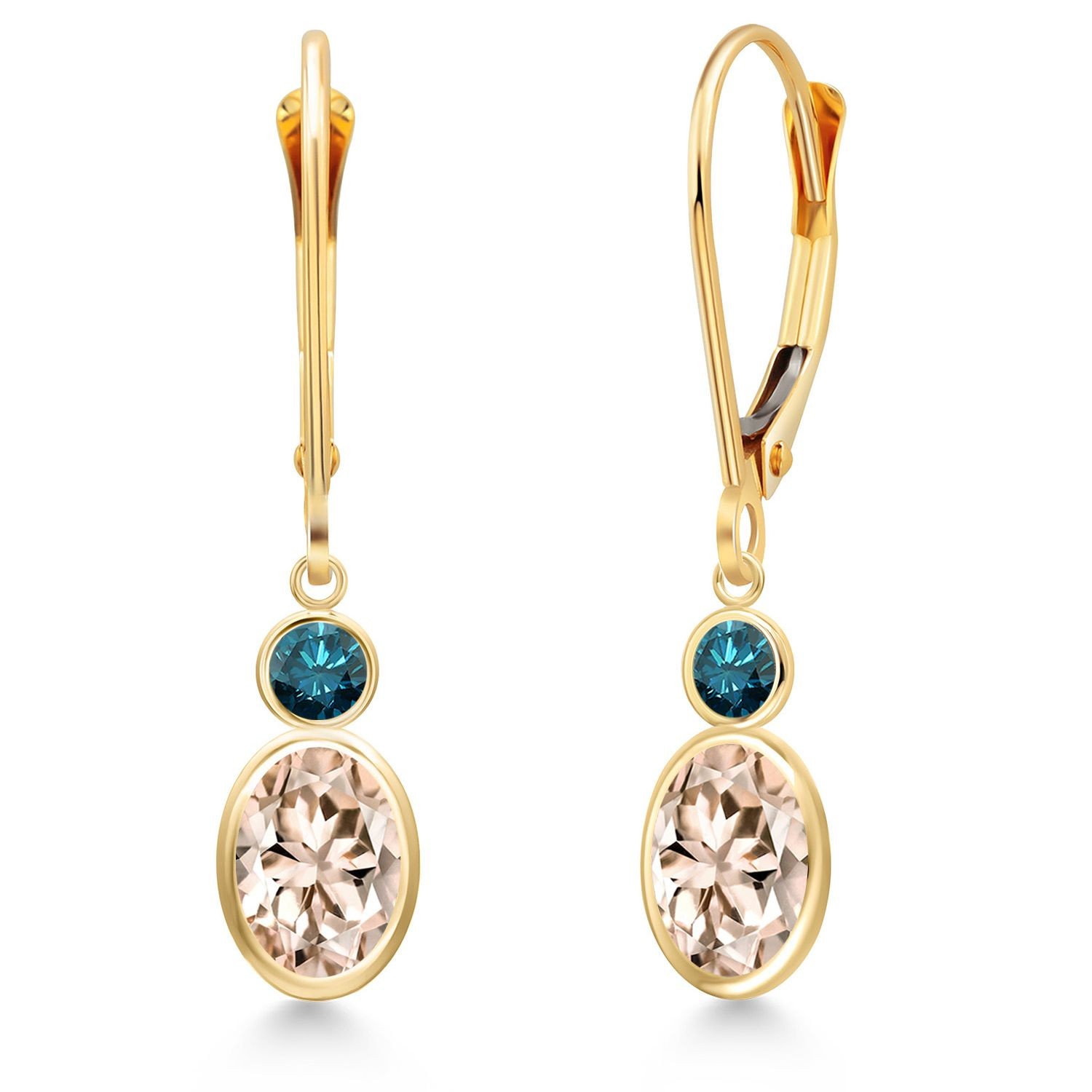14K Yellow Gold Peach Morganite and Blue Diamond Dangle Earrings for Women |