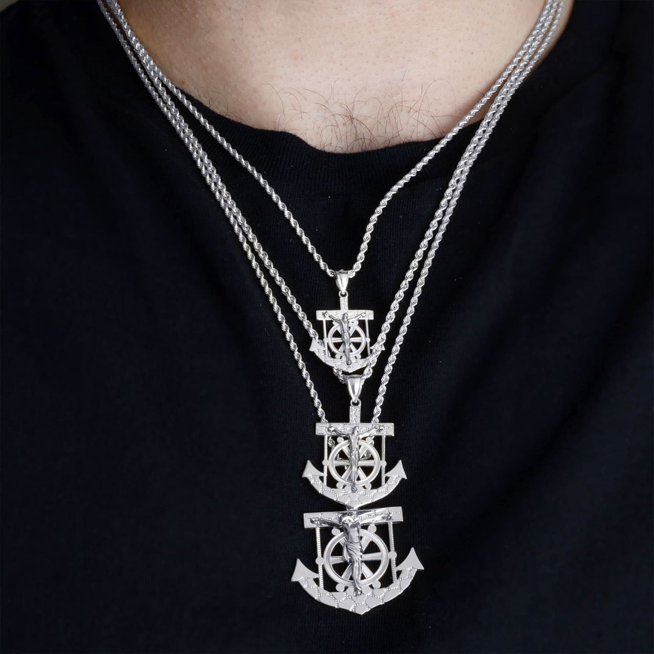 .925 Sterling Silver Mariners Anchor Jesus Cross Nugget Pendant Necklace (S/M/L)
