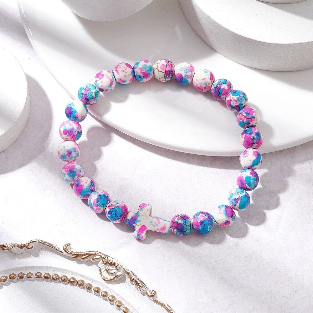Synthetic Dyed Turquoise Beaded Stretch Bracelet with Cross, 6 mm Beads