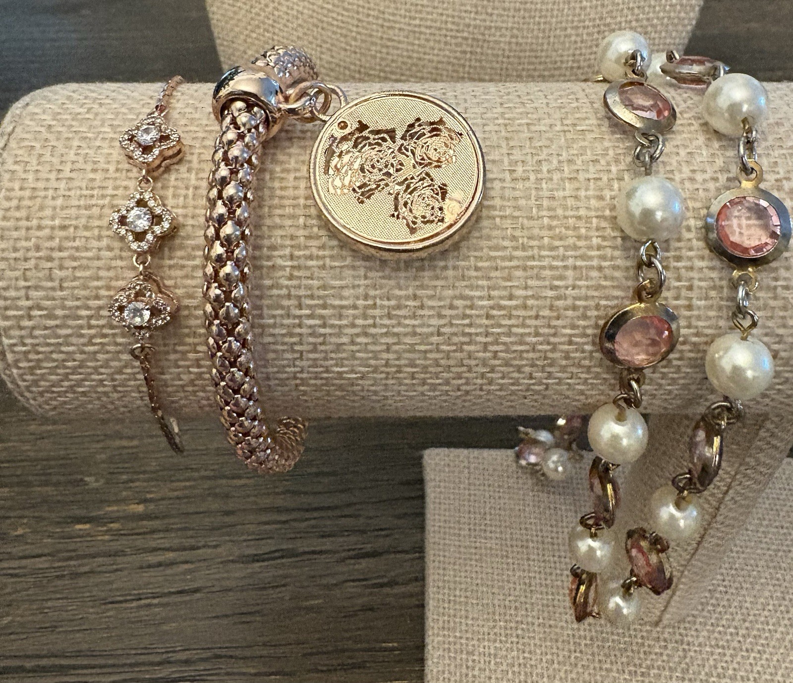 Beautiful 2 rose gold Tone One With CZ bracelets And A Beaded Necklace Set
