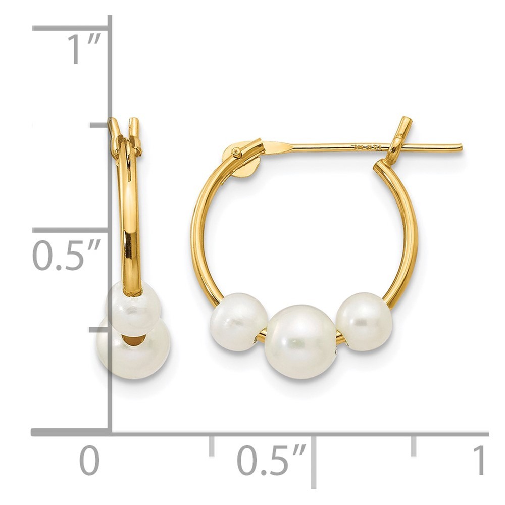 14k Yellow Gold White Semi-round Cultured 3 Pearl Hoop Earrings 0.27 g