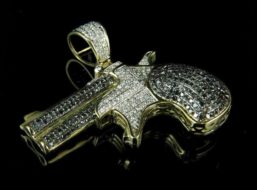 Men’s Gun Charm 2.19ct Cubic Zirconia Pendant 14k Yellow Gold Plated Silver
