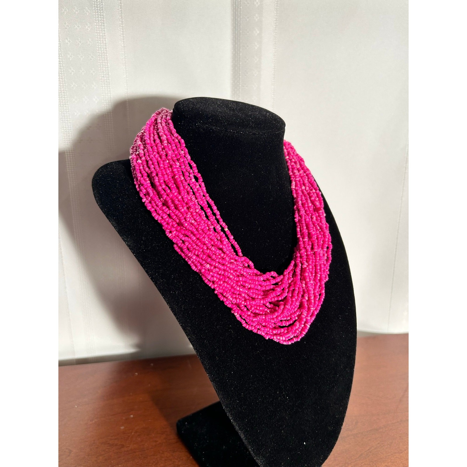 Vintage 36″ Pink Multi Strand Necklace & Stretch Bracelet Set Metal Accents
