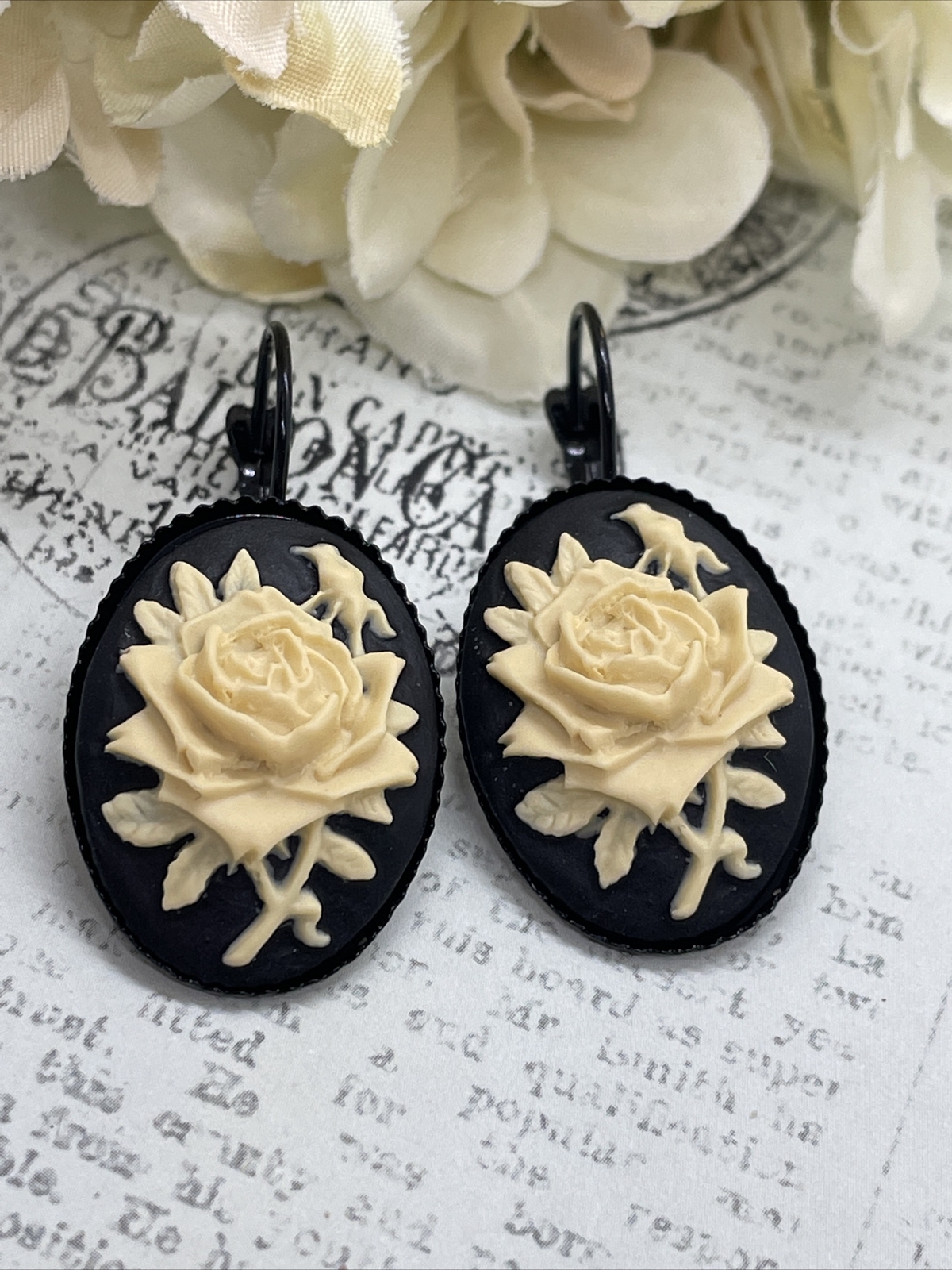 Rose Victorian Gift Wedding Cream & Black Setting Enamel Earrings Cameo Birthday