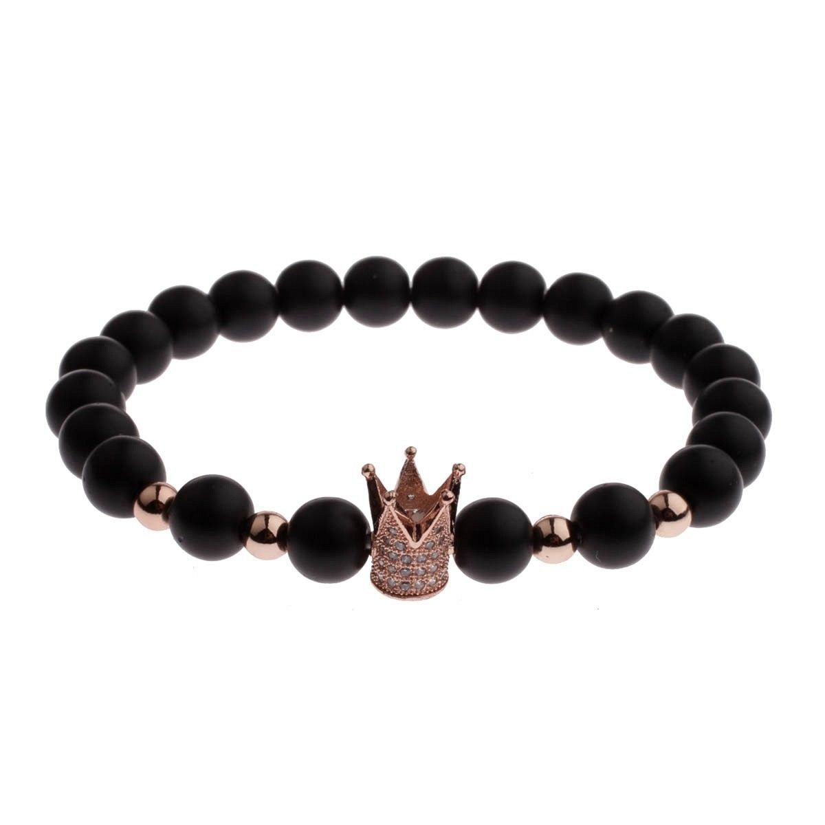 Gorgeous Crown Natural Stone Matte Black Charm Men’s CZ Copper Bead Bracelet