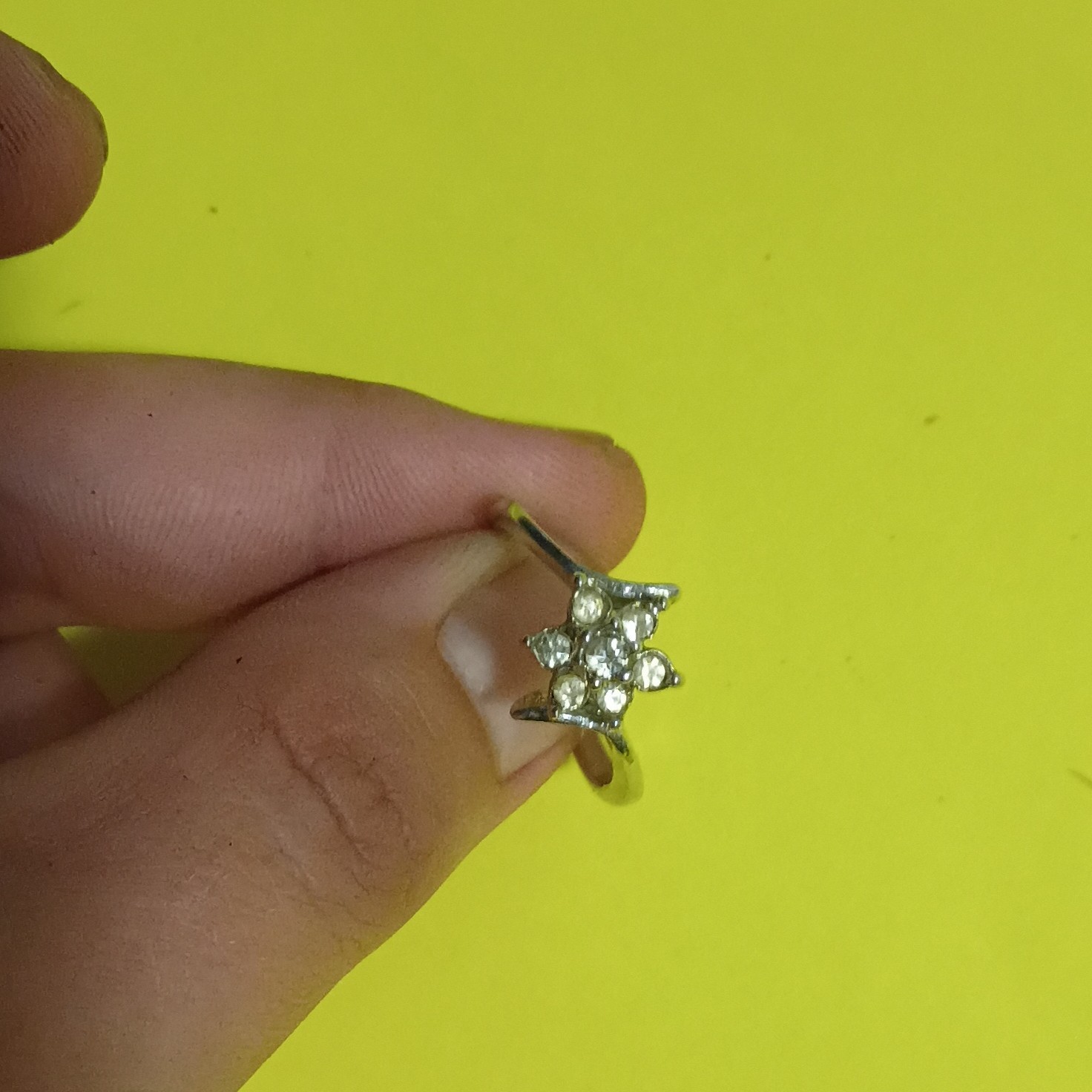 Gold Tone Metal Flower Cluster Cocktail Ring, Round White Stones, Prong Set