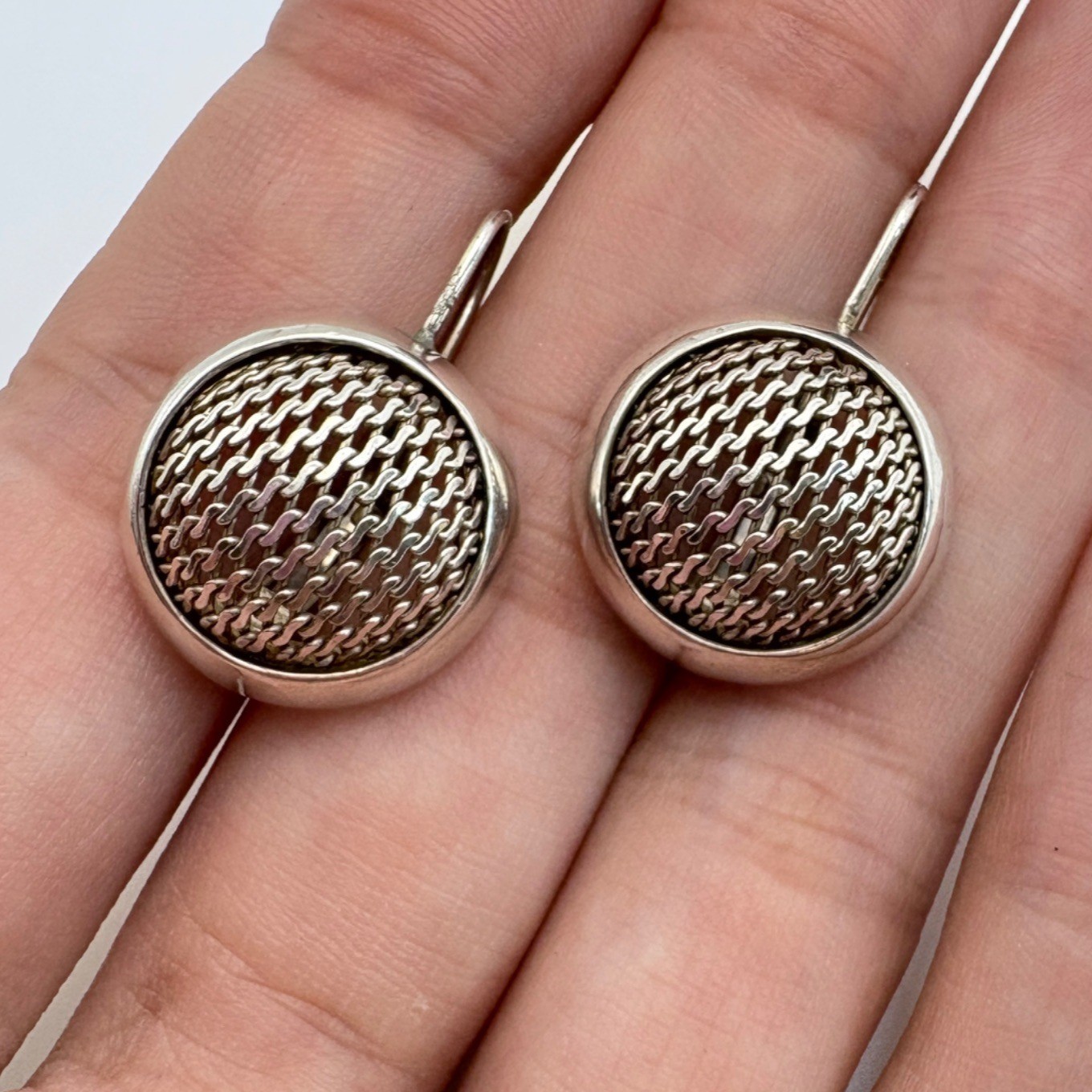 Mesh Design Circle Dangle Earrings A.S. Hallmark VTG Sterling Silver 925 1.2″ L