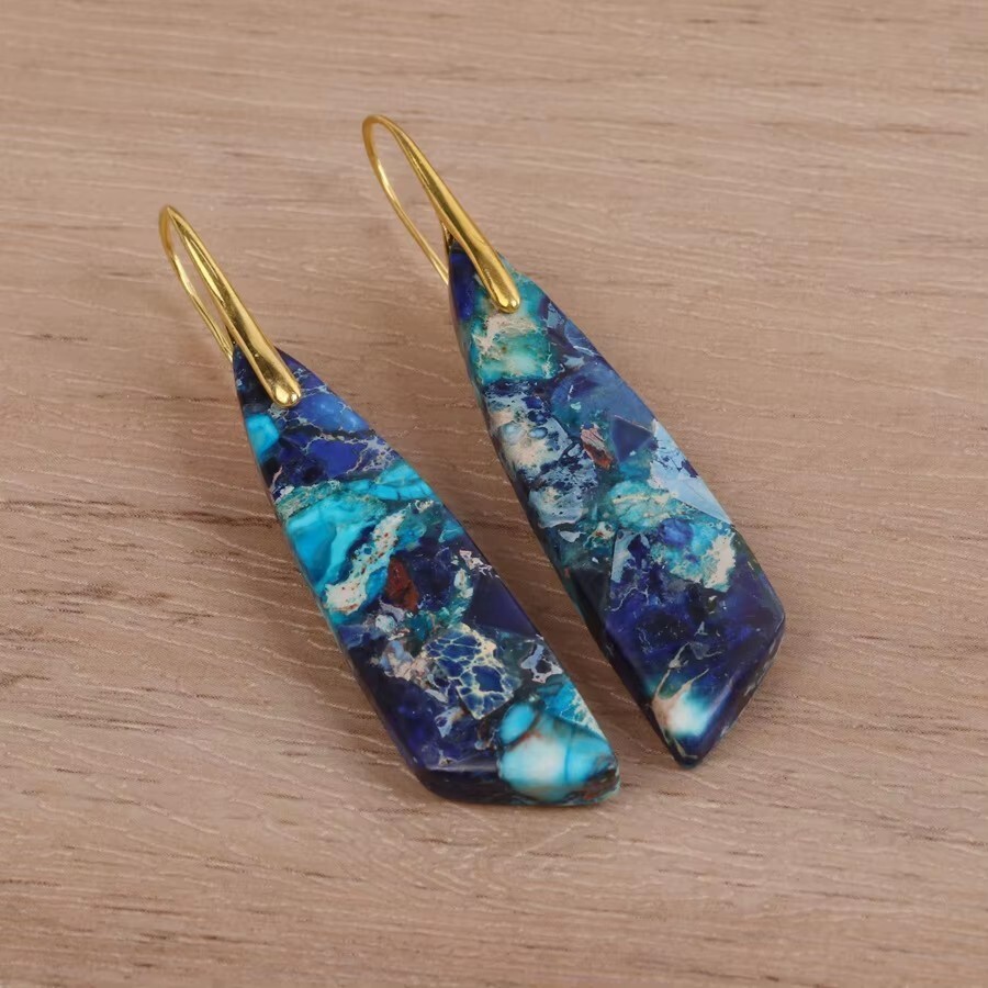 Blue Sea Sediment Jasper Women Healing Stone Dangle Drop Earrings Gift for her