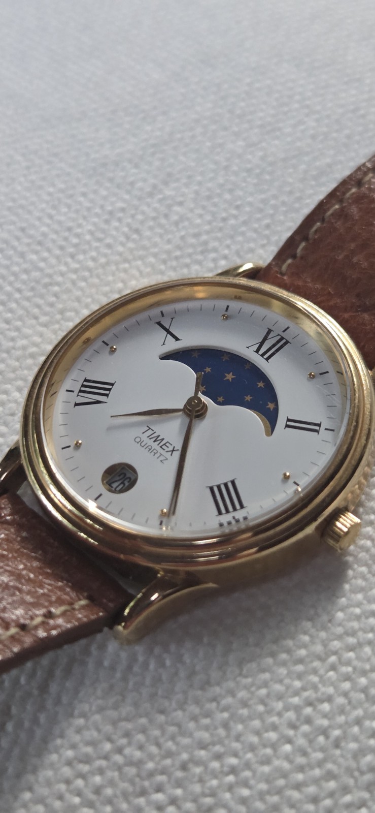 Vtg Timex Moon Phase Date Watch Unisex Gold Tone New Tan Leather Band Men’s