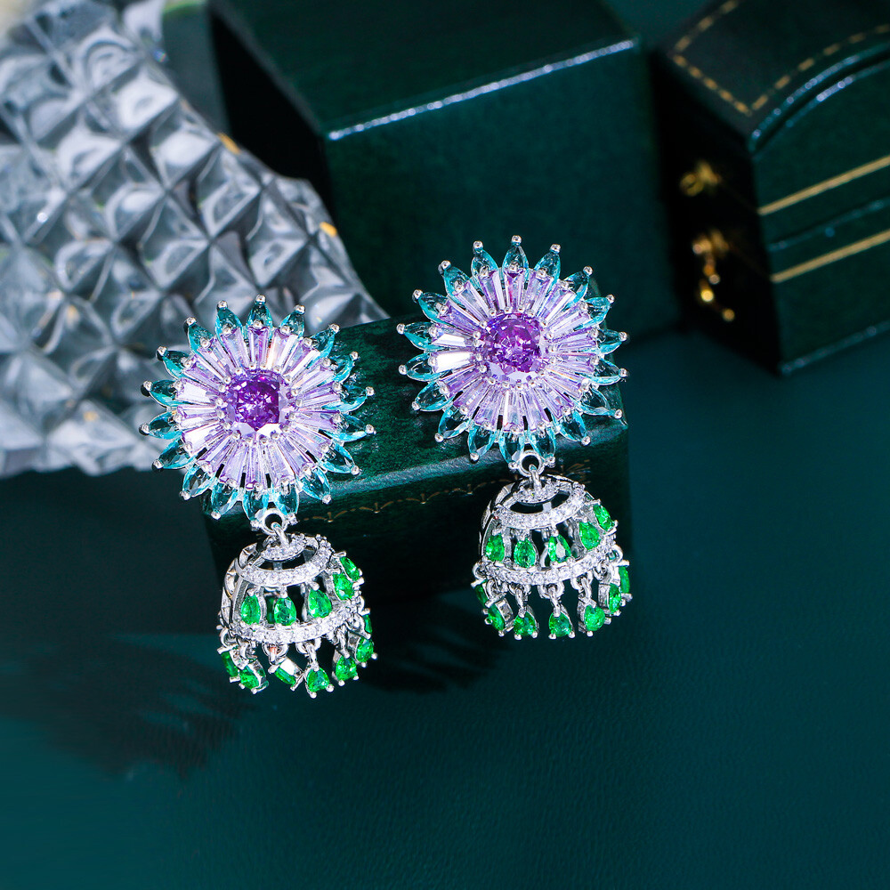 Silver Plated Green Purple Flower Tassel Dangle Earrings Women Zirconia Jewelry