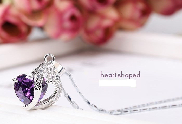 Women 925 Sterling Silver Necklace Chain Amethyst Crystal Heart Purple Pendant