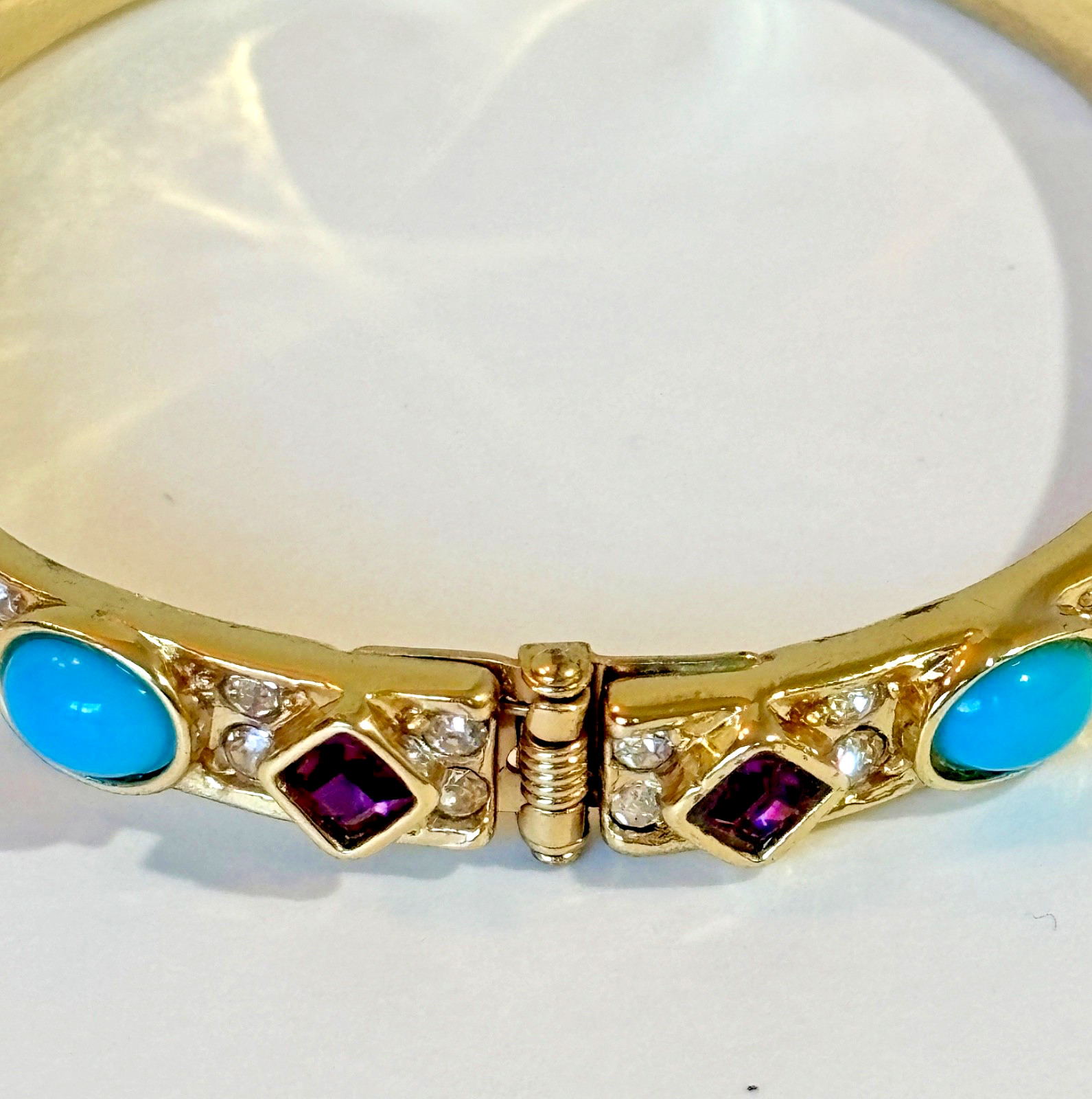 Kenneth Jay Lane Amethyst Faux Turquoise Cabochon Hinged Bracelet Gold Plate KJL