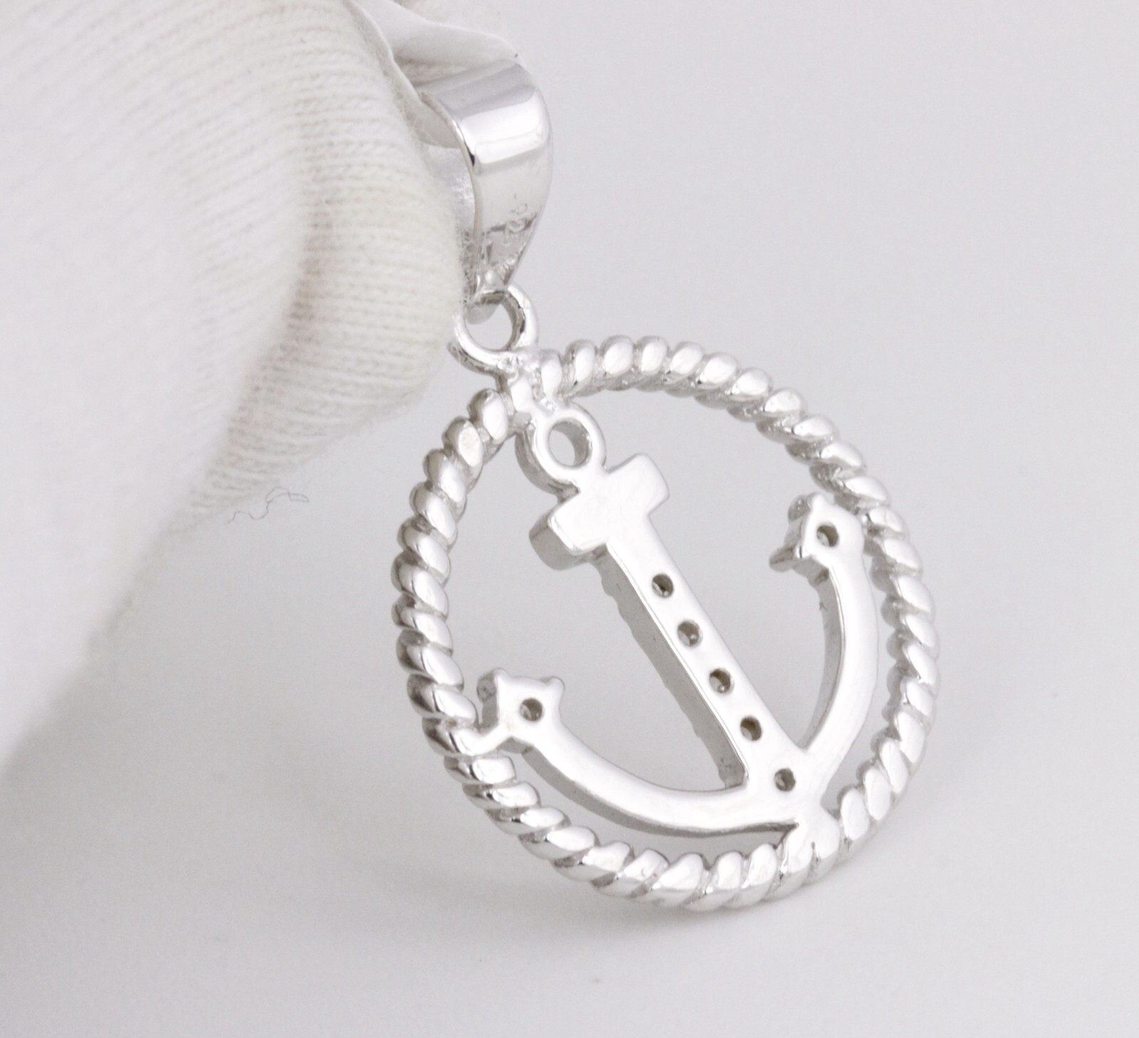 Women Men Solid 925 Sterling Silver 17mm CZ Nautical Navy Anchor Circle Pendant