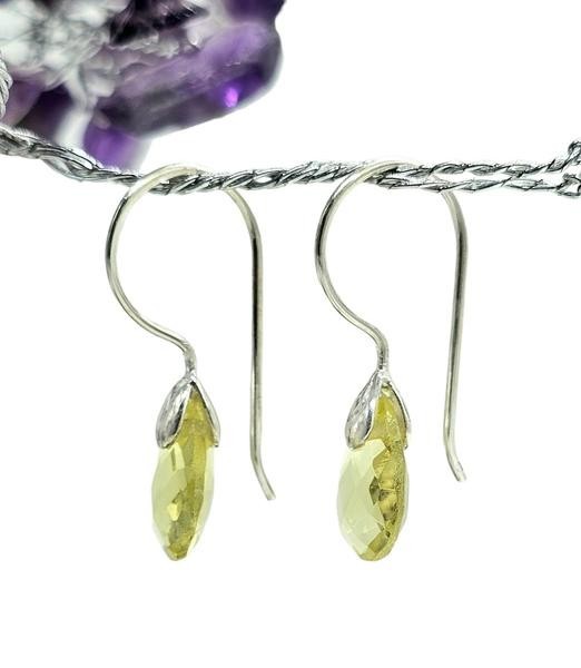 Teardrop Lemon Quartz Earrings, Checkerboard Faceted, Sterling Silver