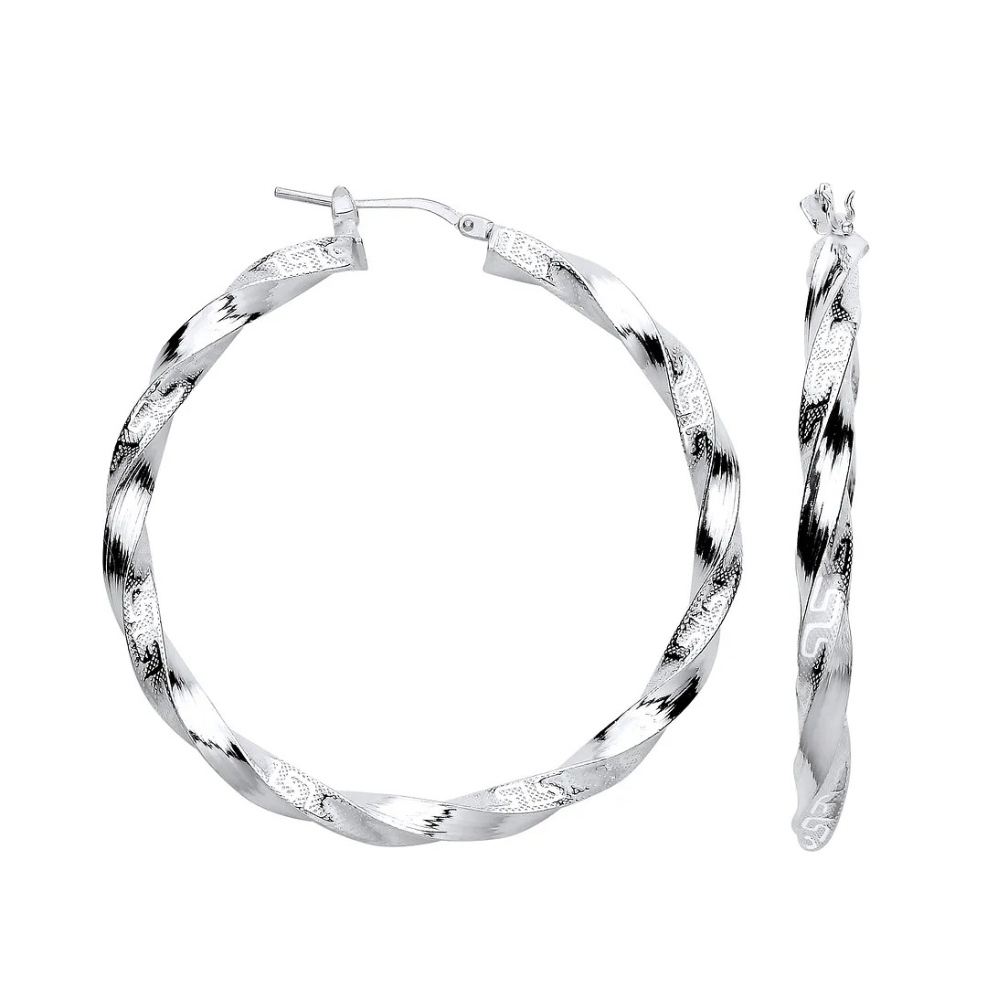 Hoop Earrings Sterling Silver Greek Key Twist 48mm Womens Jewellery