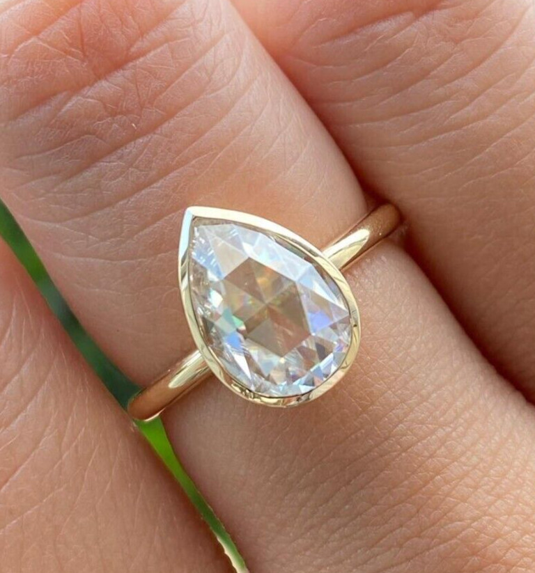2.0 CTW Pear Rose Cut Moissanite Wedding Ring Bezel Set Teardrop Solitaire Ring