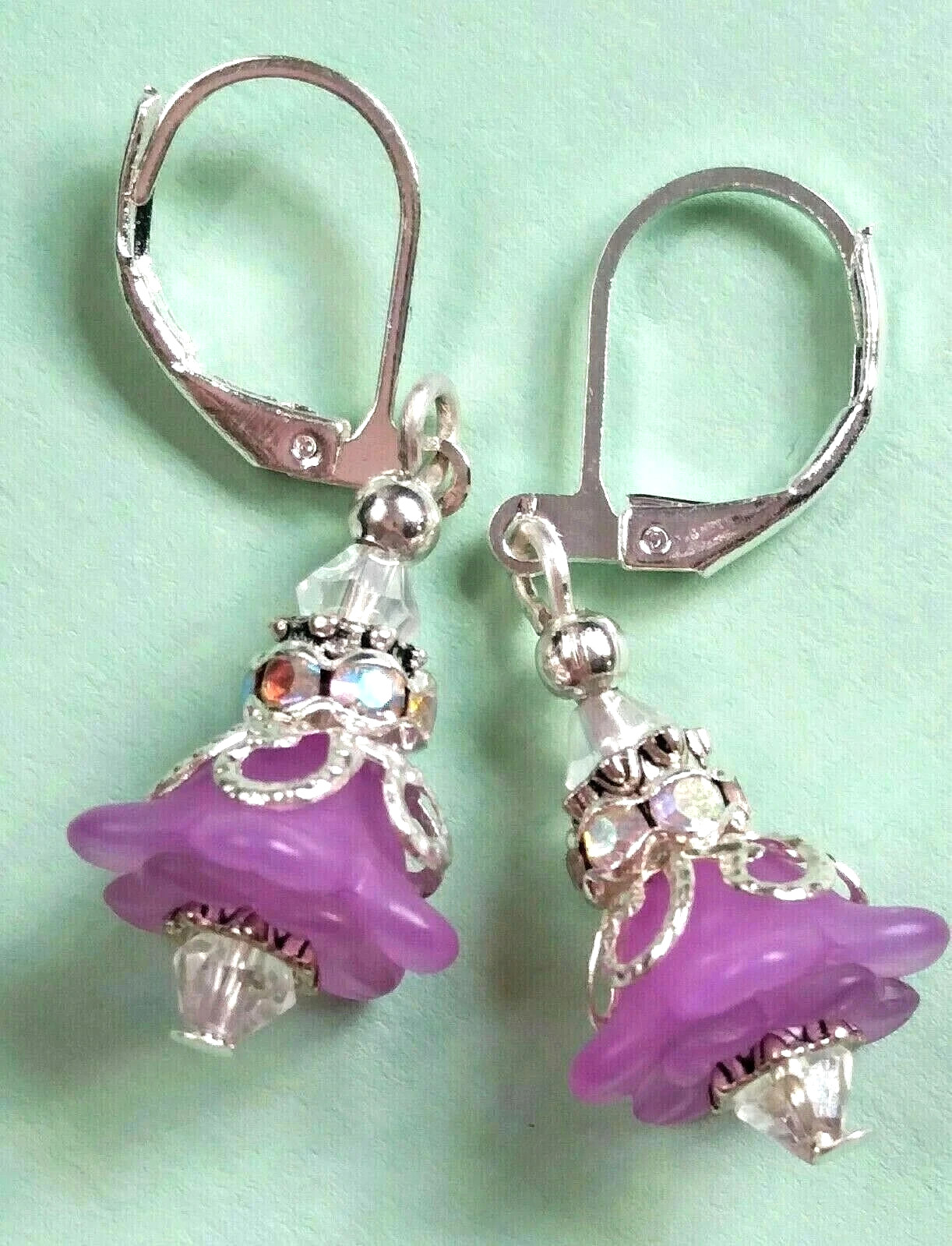LAVENDER CLEAR acrylic FLOWER AB CRYSTAL ring earring SP LEVER BACK XX