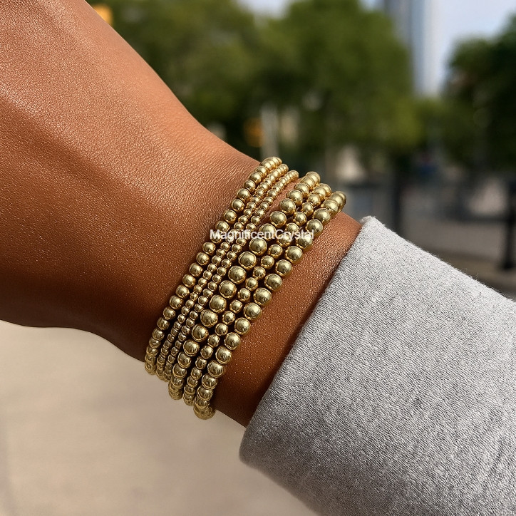 2PCS Dainty 2MM&5MM Gold Filled Beaded Layering Bracelet Stretchy Jewelry Gifts