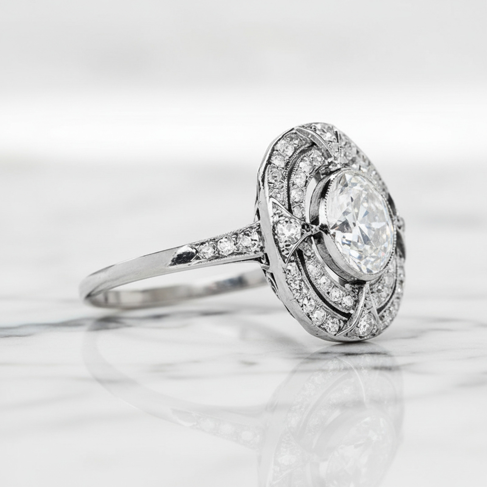 Old European Cut Simulated Diamond 14K Gold Art Deco Bezel Set Engagement Ring