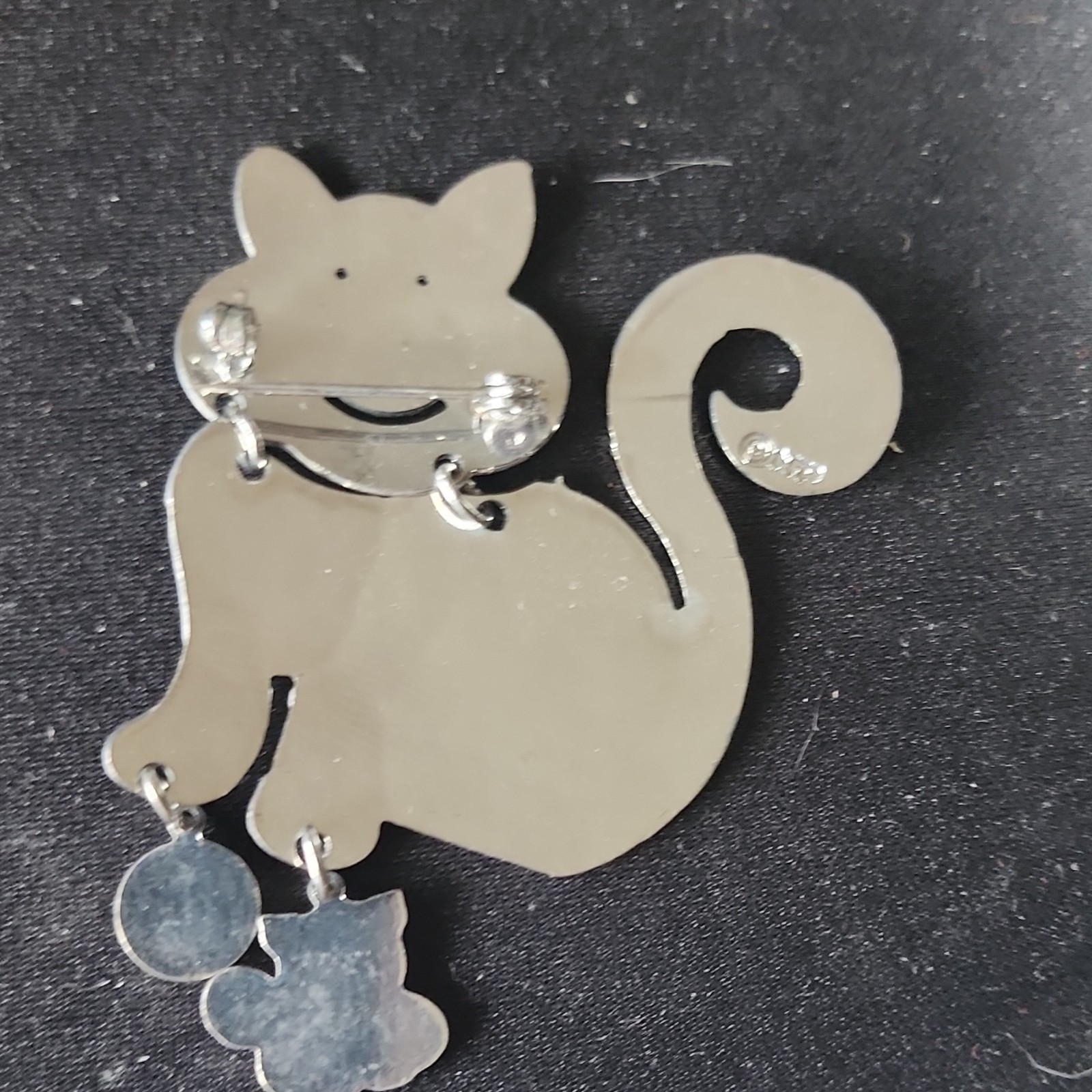 Paris Sport Club Silver Tone Metal Cat Dangle Brooch Pin w/ Rhinestones