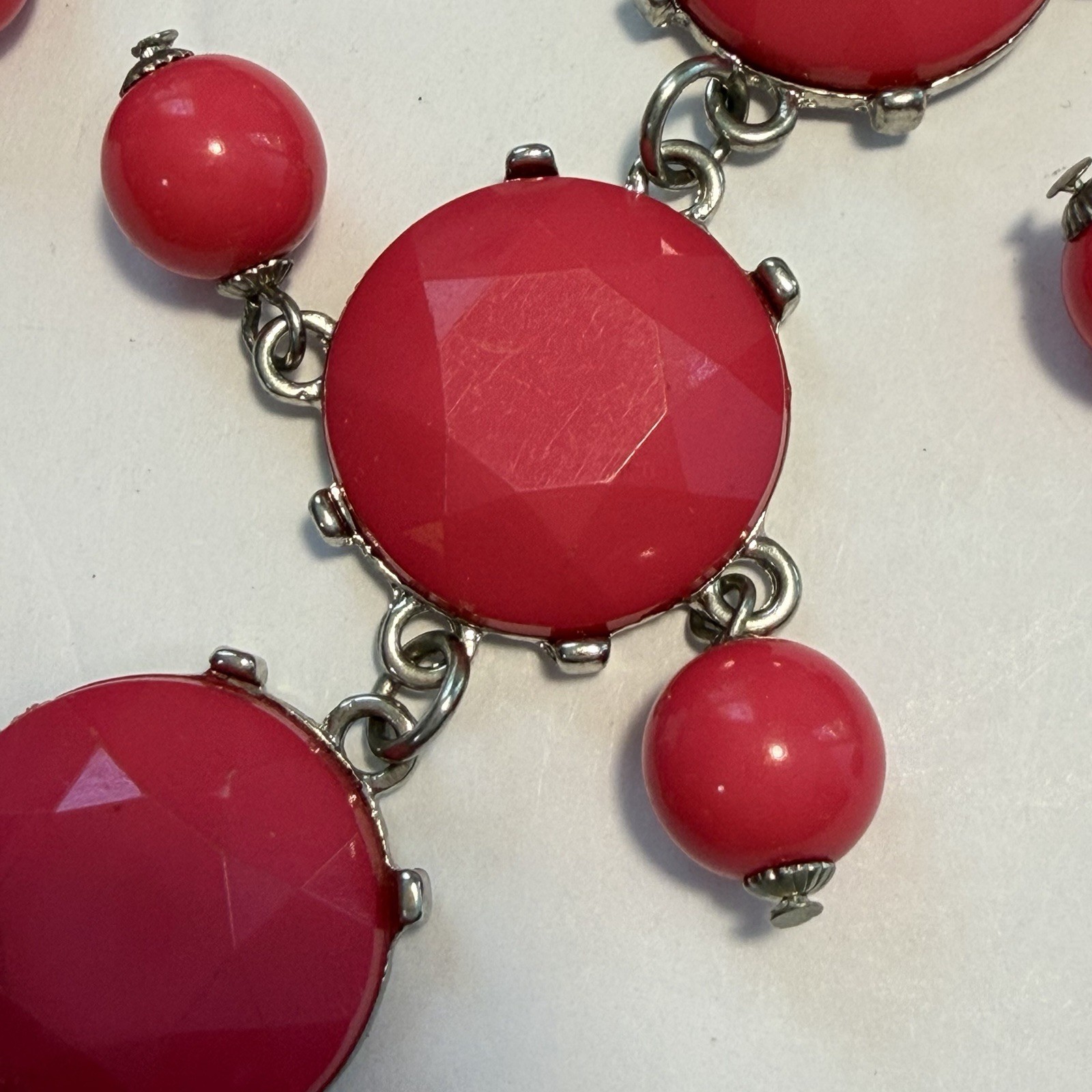 LOFT Hot Pink Bubble Bead Statement Necklace Silver Tone Chain Bib Cluster
