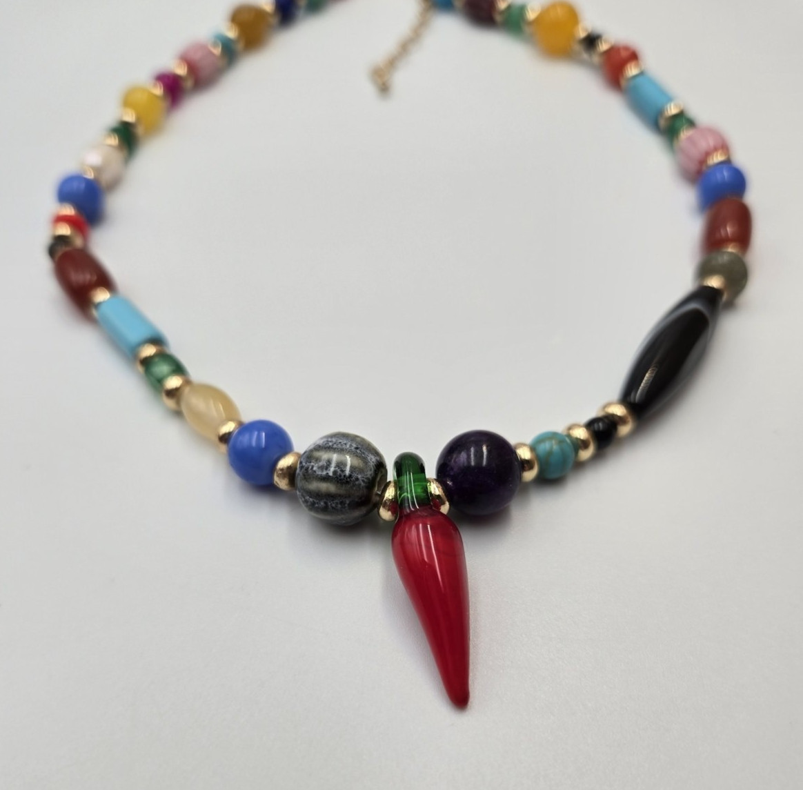 Multicolor Beaded Necklace Red chile Pendant Gold Tone 312 pepper