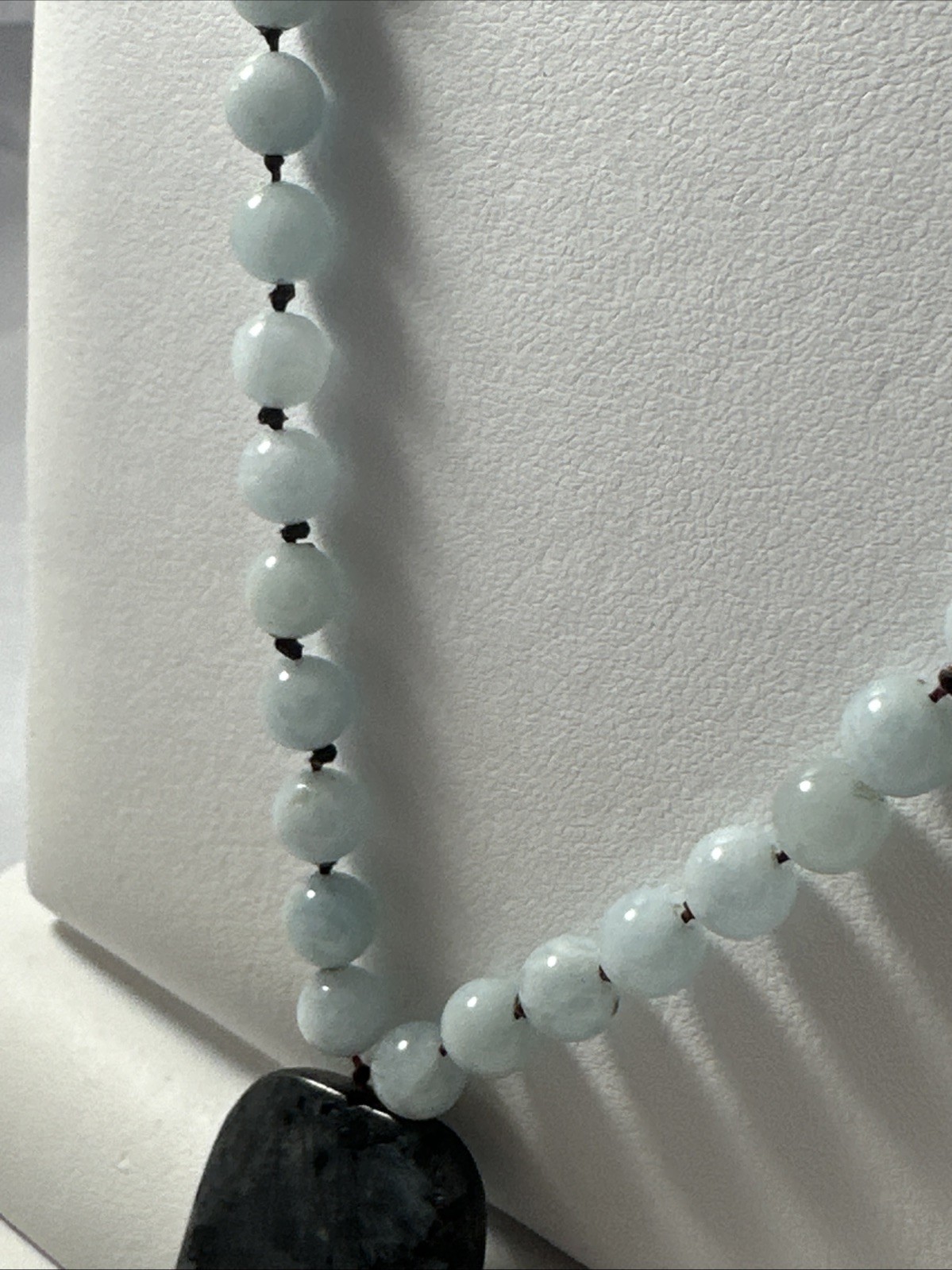 Silver Shimmer Larvikite Pendant ~ Hand Knotted Snowy Jade Beads 26″ Necklace