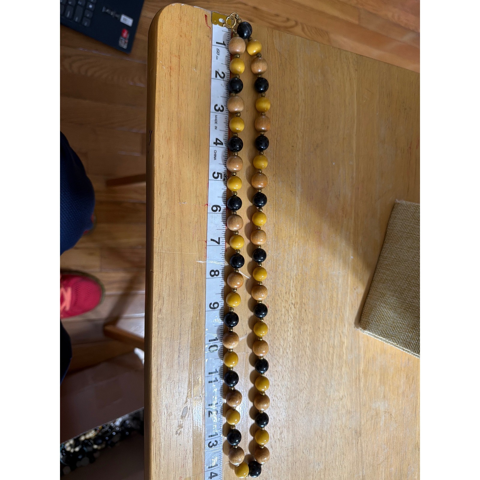 Vintage Beaded Necklace Wood Mustard Yellow Black Earthy Tones Boho Handmade