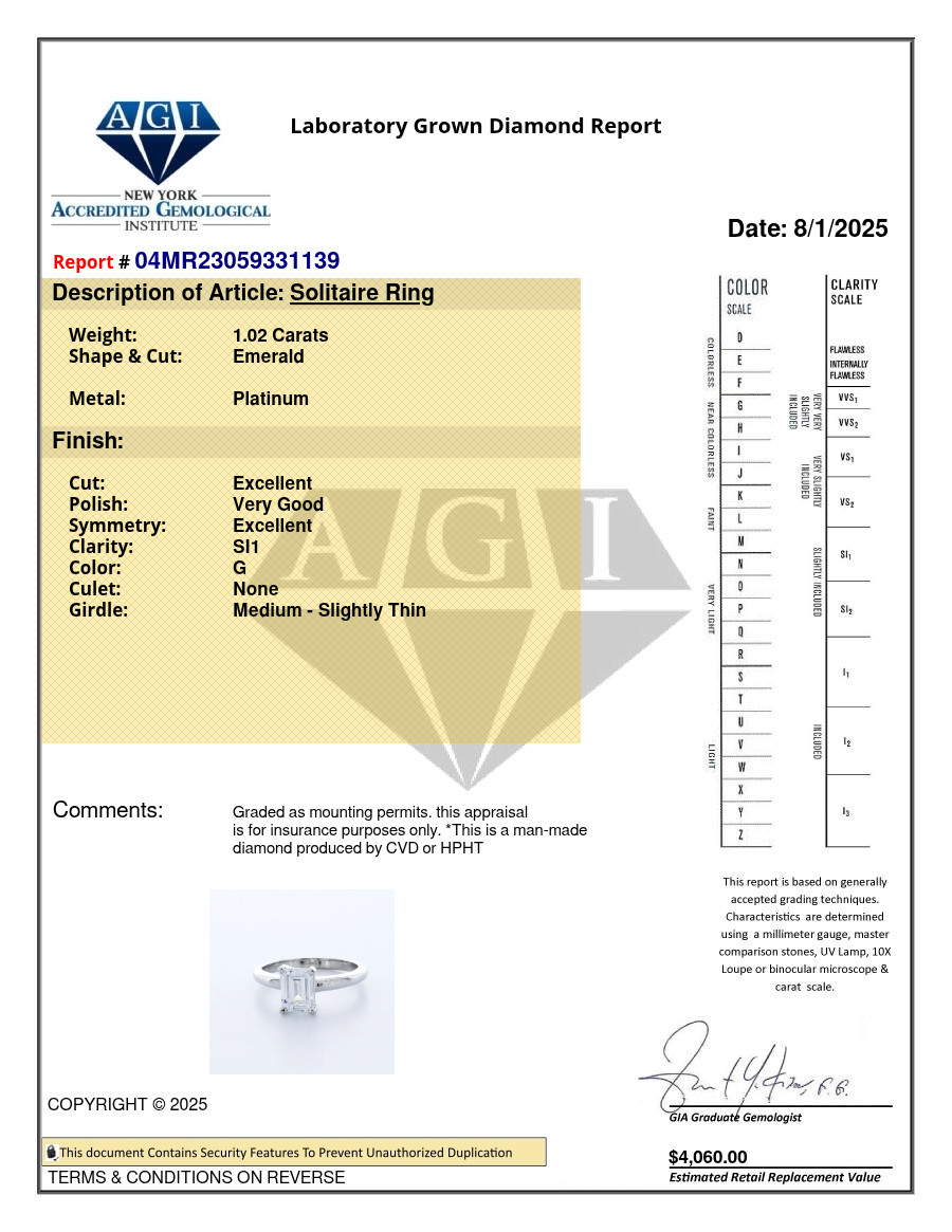 Solitaire Engagement Ring Platinum 1.02 Carat Emerald Lab-Grown Diamond G SI1