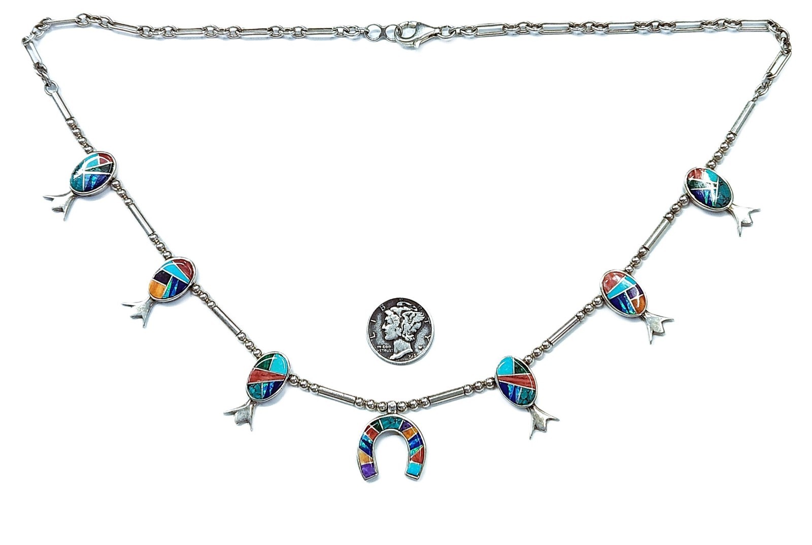 Evangeline Sherman Navajo Multi-Stone Inlay Sterling Squash Blossom Necklace