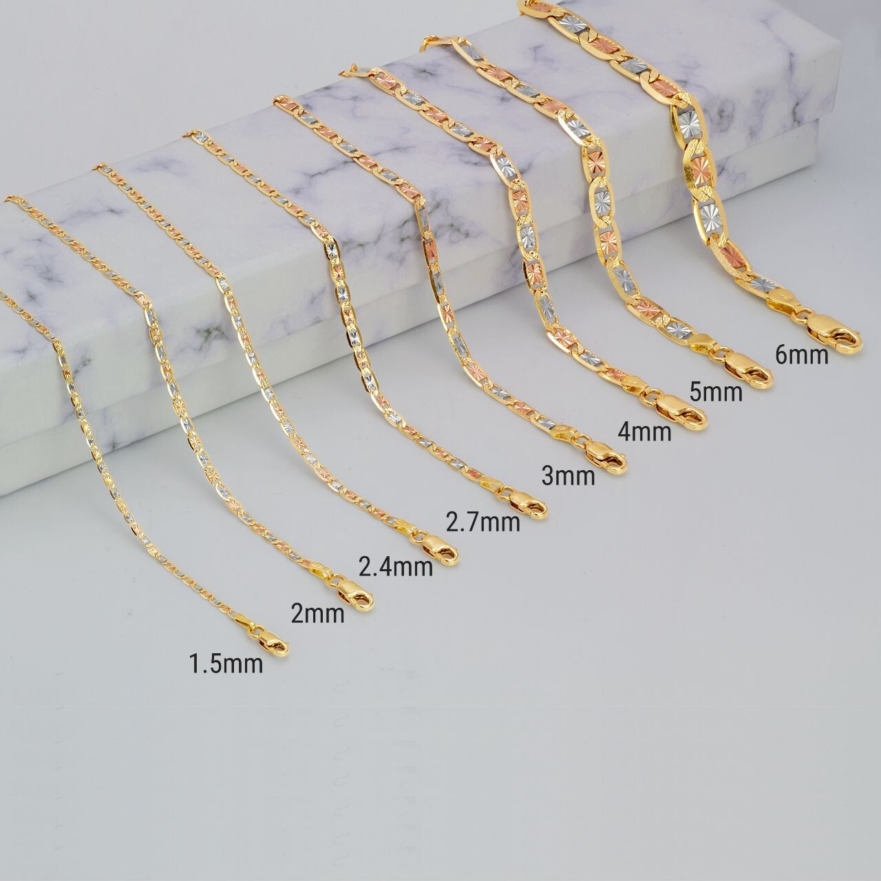 14K Solid TriColor Gold Valentino Star Chain 1.5-6mm Men Women Necklace Italy
