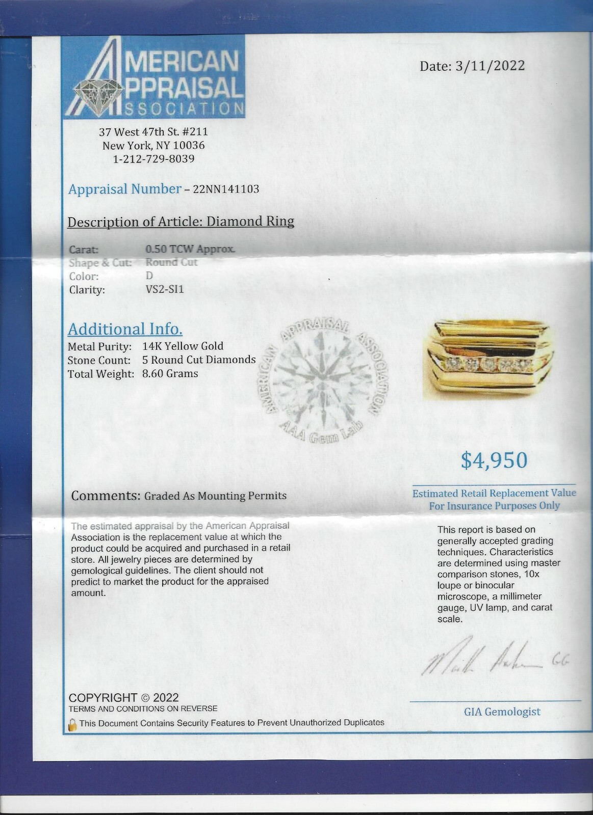 14K Gold Diamond Men’s Ring Diamond=1/3 Carat F-SI1/VS2 8.60 Grams Value=$4K+
