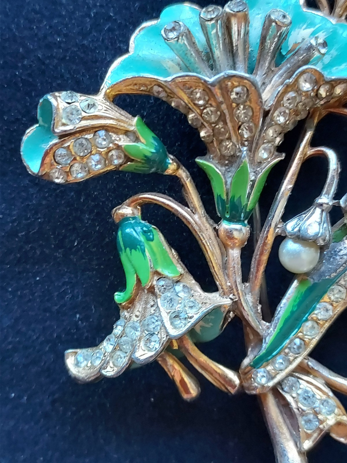 Vintage Blue Green Enamel Rhinestone Pearl Flower Brooch Pin “B” Boucher?
