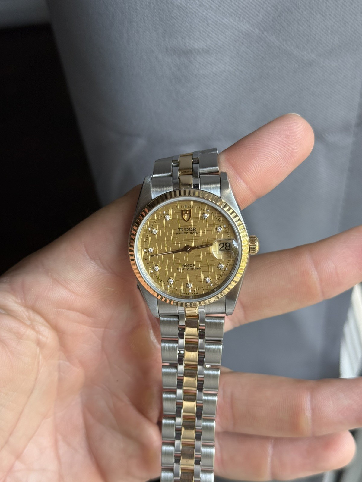 Tudor Prince Date 18K Gold & SS Gold Linen Diamond Dial Auto Watch 74033 w/ B&P