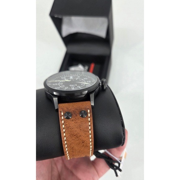 NWT Torgoen T47 Jumbo Black Sapphire GMT 47mm, Brown Leather Strap Retail $325